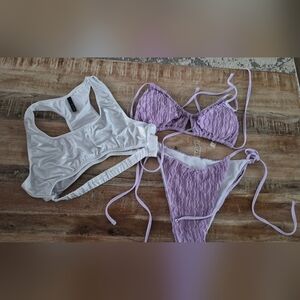 This bundle includes a 2-piece purple textured bikini swim set and a silver Top